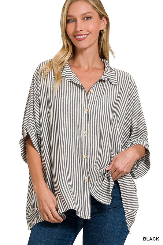 Oversized Striped Short Sleeve Button Up Shirt |BLACK|