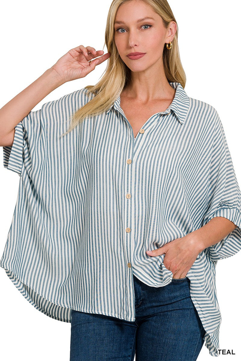 Oversized Striped Short Sleeve Button Up Shirt |TEAL|