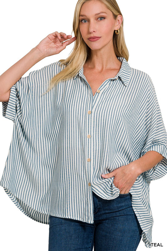 Oversized Striped Short Sleeve Button Up Shirt |TEAL|