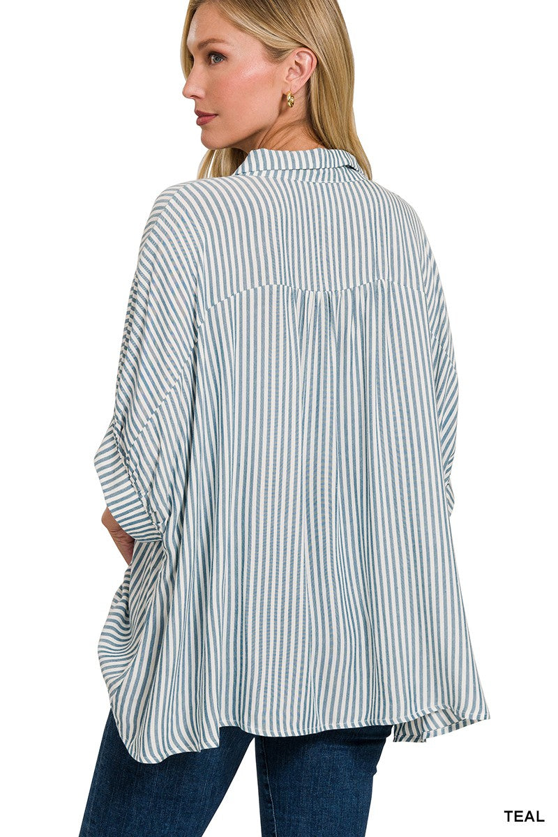 Oversized Striped Short Sleeve Button Up Shirt |TEAL|