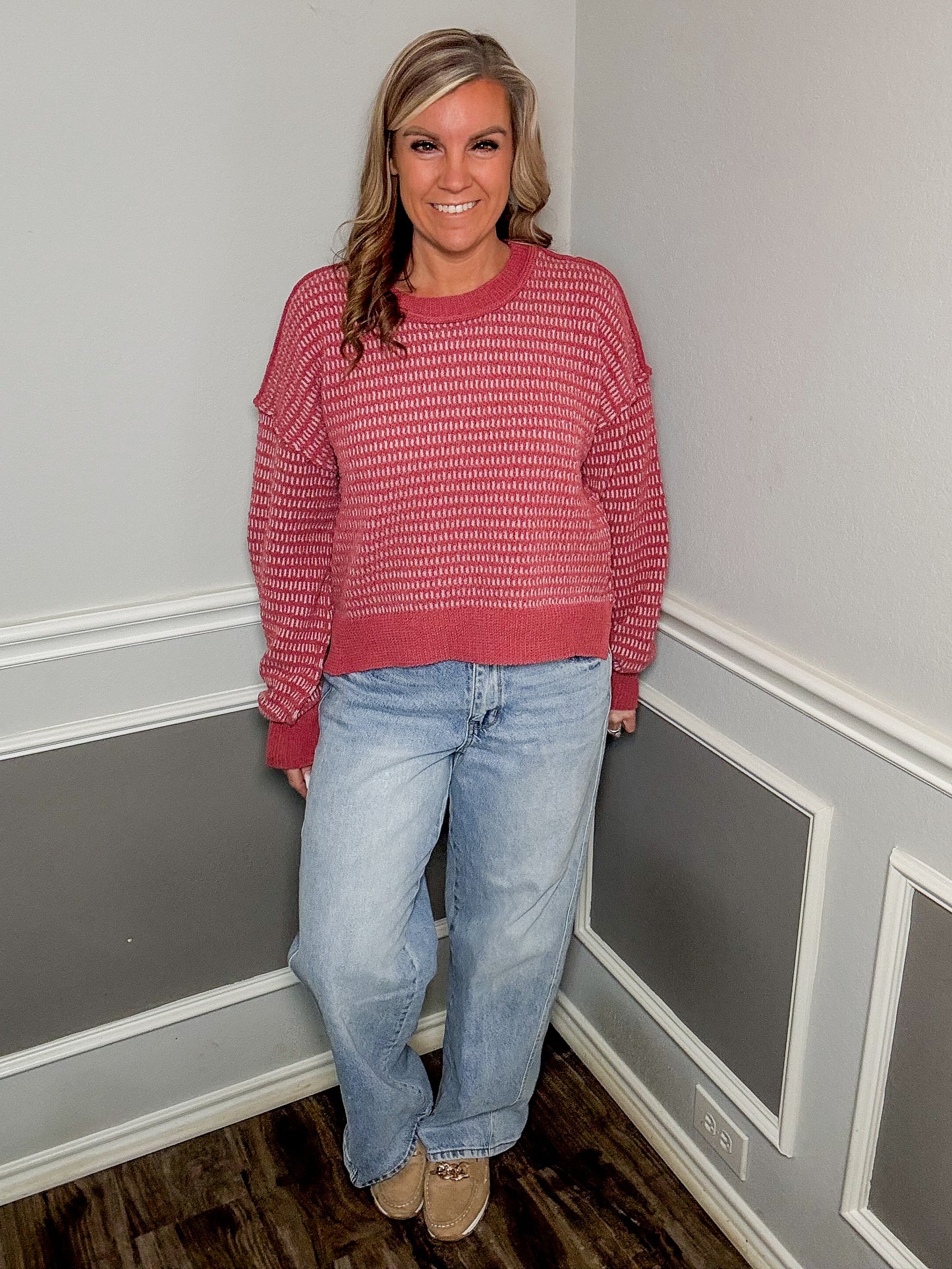 Two Tone Textured Knit Casual Sweater Top