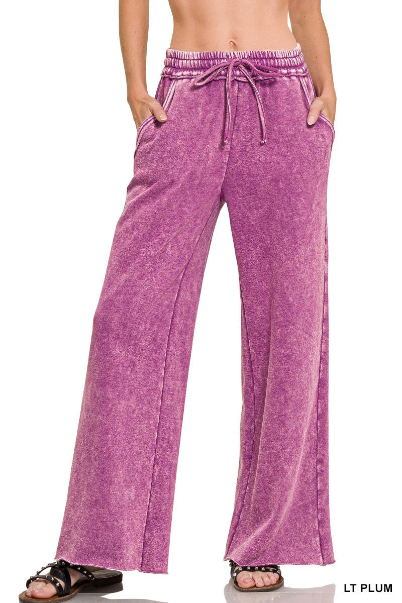 Acid Wash Fleece Palazzo Sweatpants |Light Plum|