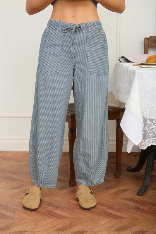 Striped Denim Barrel Pants