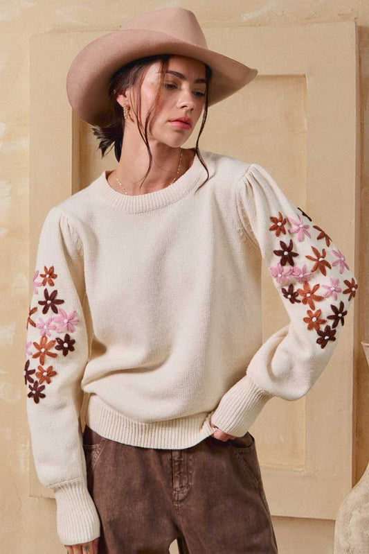 Floral Embroidered Sleeves Sweater Pullover Top