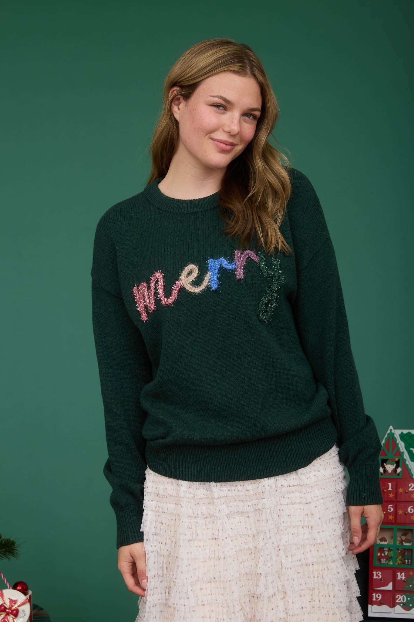 “MERRY” Tinsel Knit Christmas Sweater