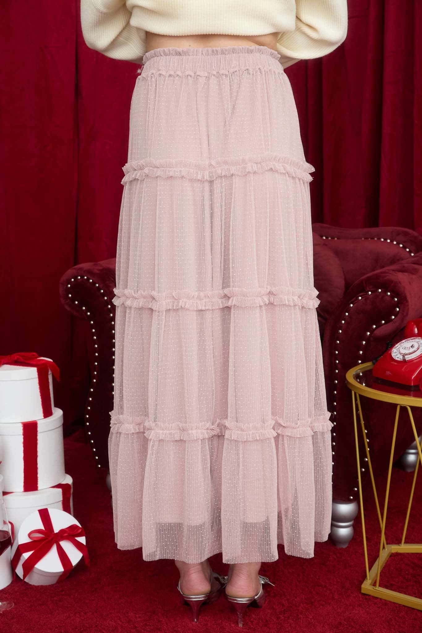 Tulle Tiered Midi Skirt |PINK|