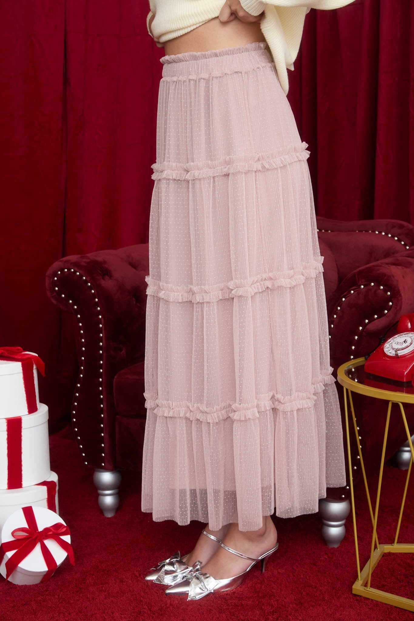 Tulle Tiered Midi Skirt |PINK|