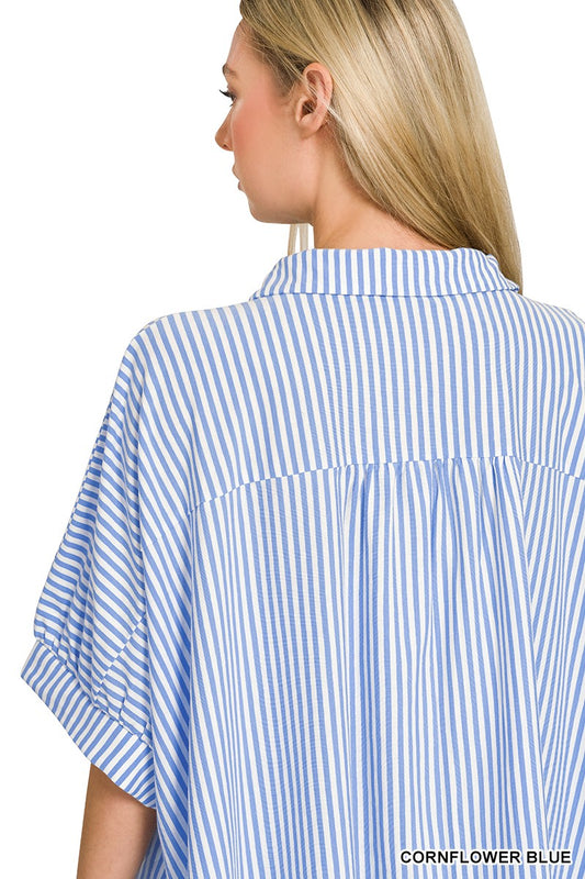 Oversized Striped Short Sleeve Button Up Shirt |BLUE|