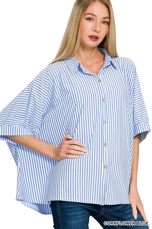 Oversized Striped Short Sleeve Button Up Shirt |BLUE|