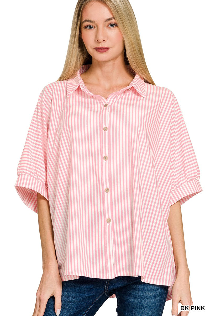 Oversized Striped Short Sleeve Button Up Shirt |PINK|