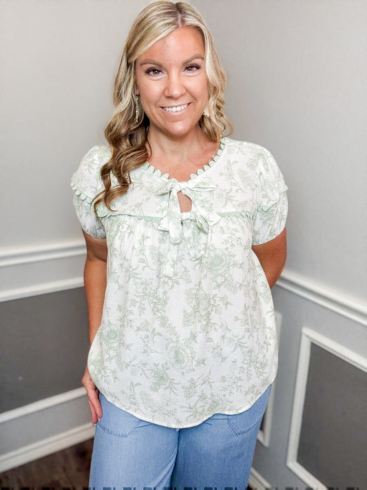 Scallop Trim Front Tie Blouse