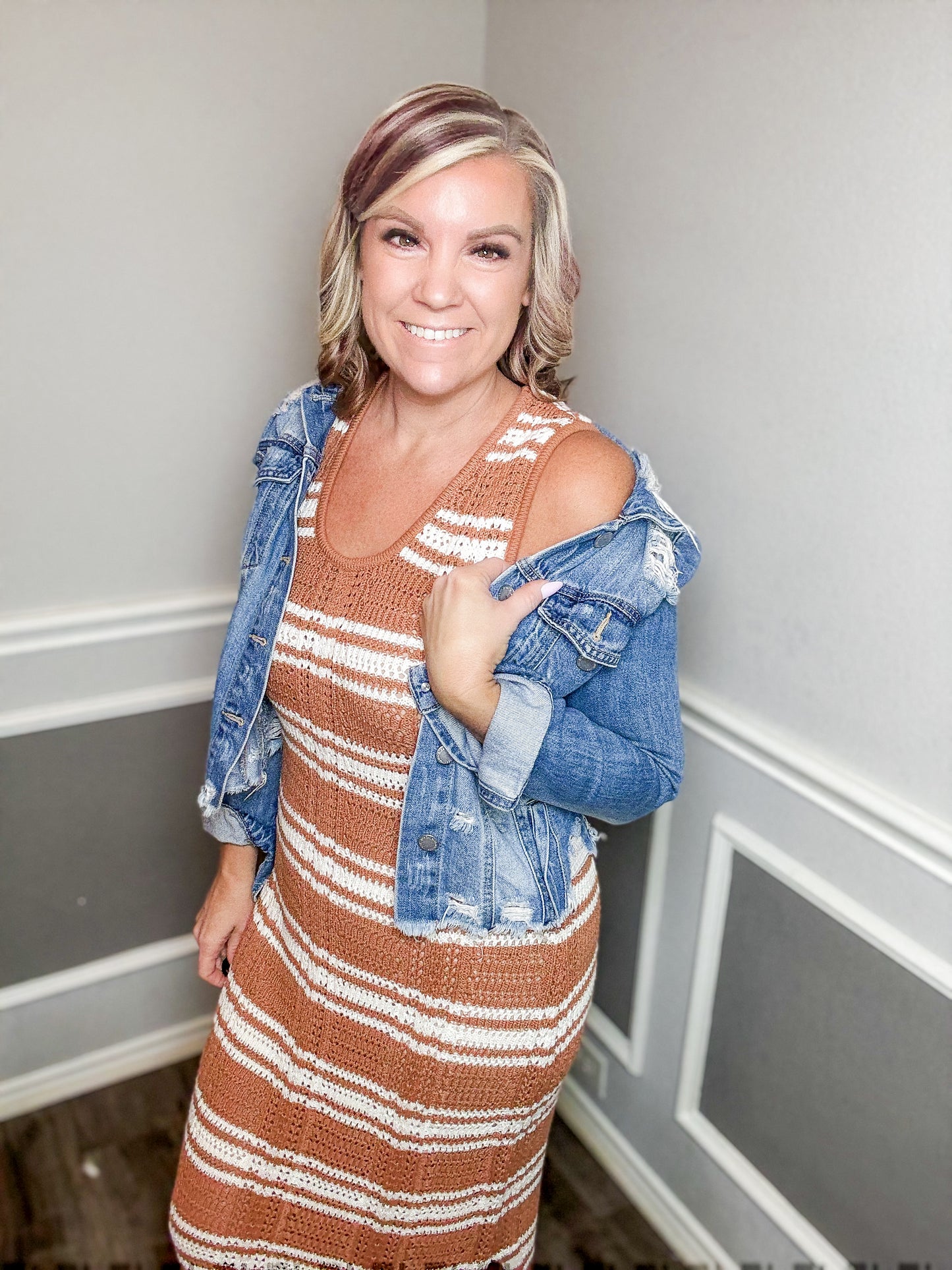 Stripe Knit Casual Sweater Midi Dress