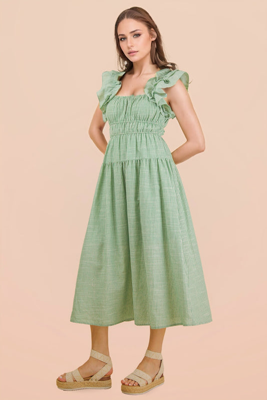 Shoulder Ruffle Stripe Resort Maxi Dress