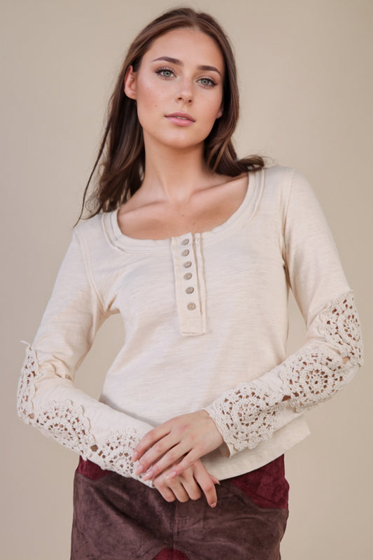 Sleeve Lace Trim Solid Knit Top