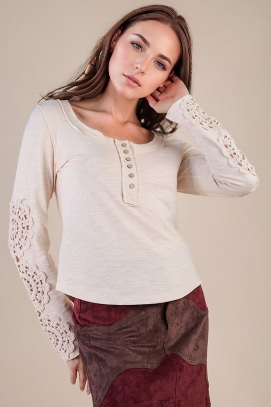 Sleeve Lace Trim Solid Knit Top