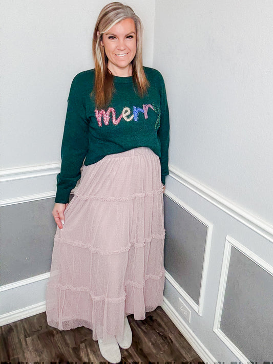 Tulle Tiered Midi Skirt |PINK|