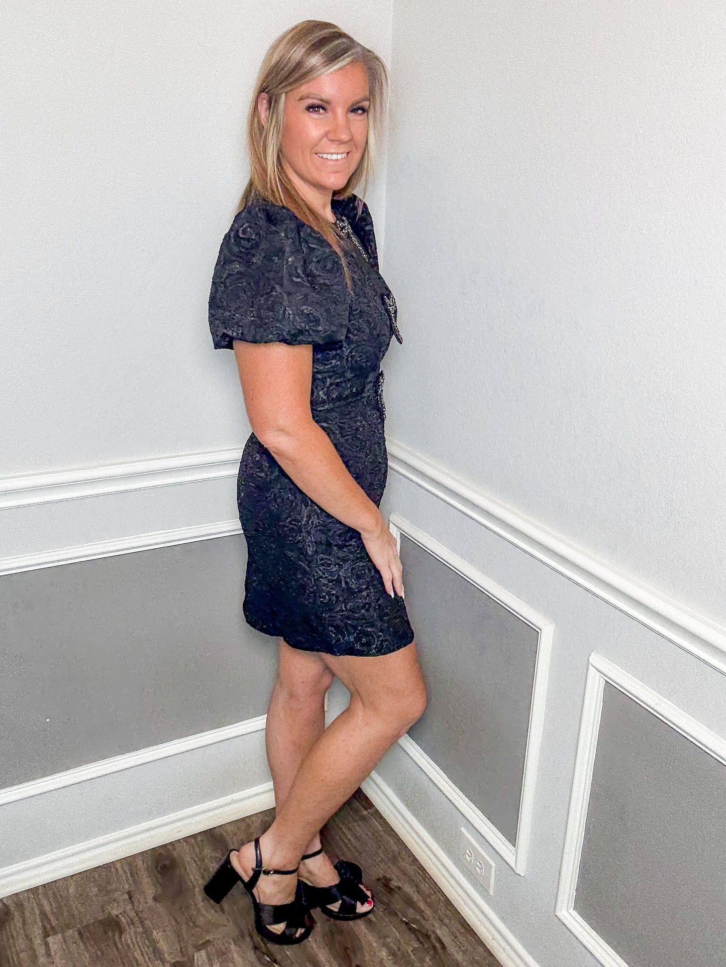 Rose Jacquard Puff Sleeve Bow Detail Mini Dress