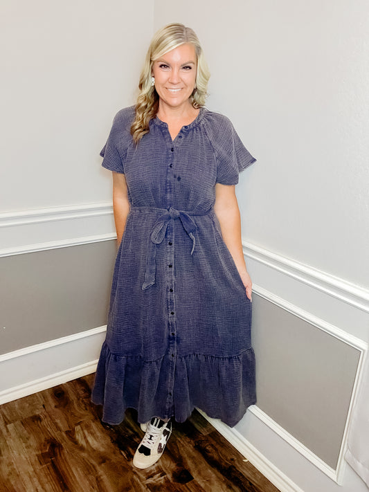 Mineral Wash Midi Dress |NAVY|