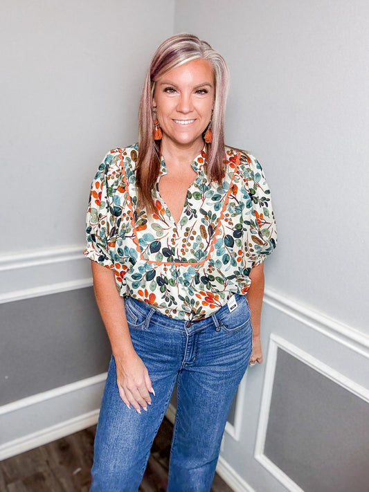 Botanical Print Scallop Trim Top