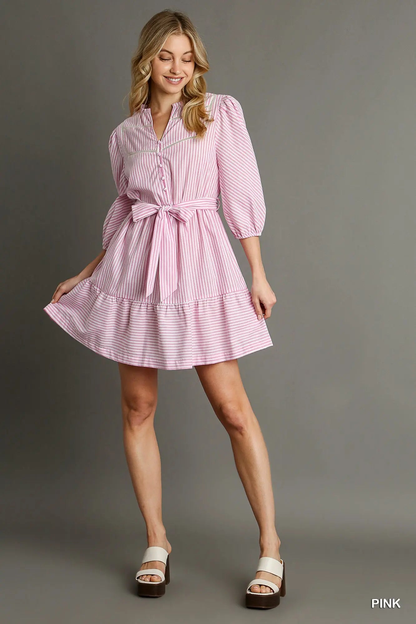 Front Tie Button Down Dress |PINK|