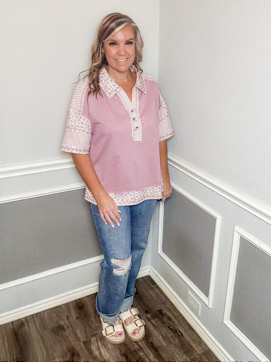 Floral and Stripe Oversized Collared Knit Top