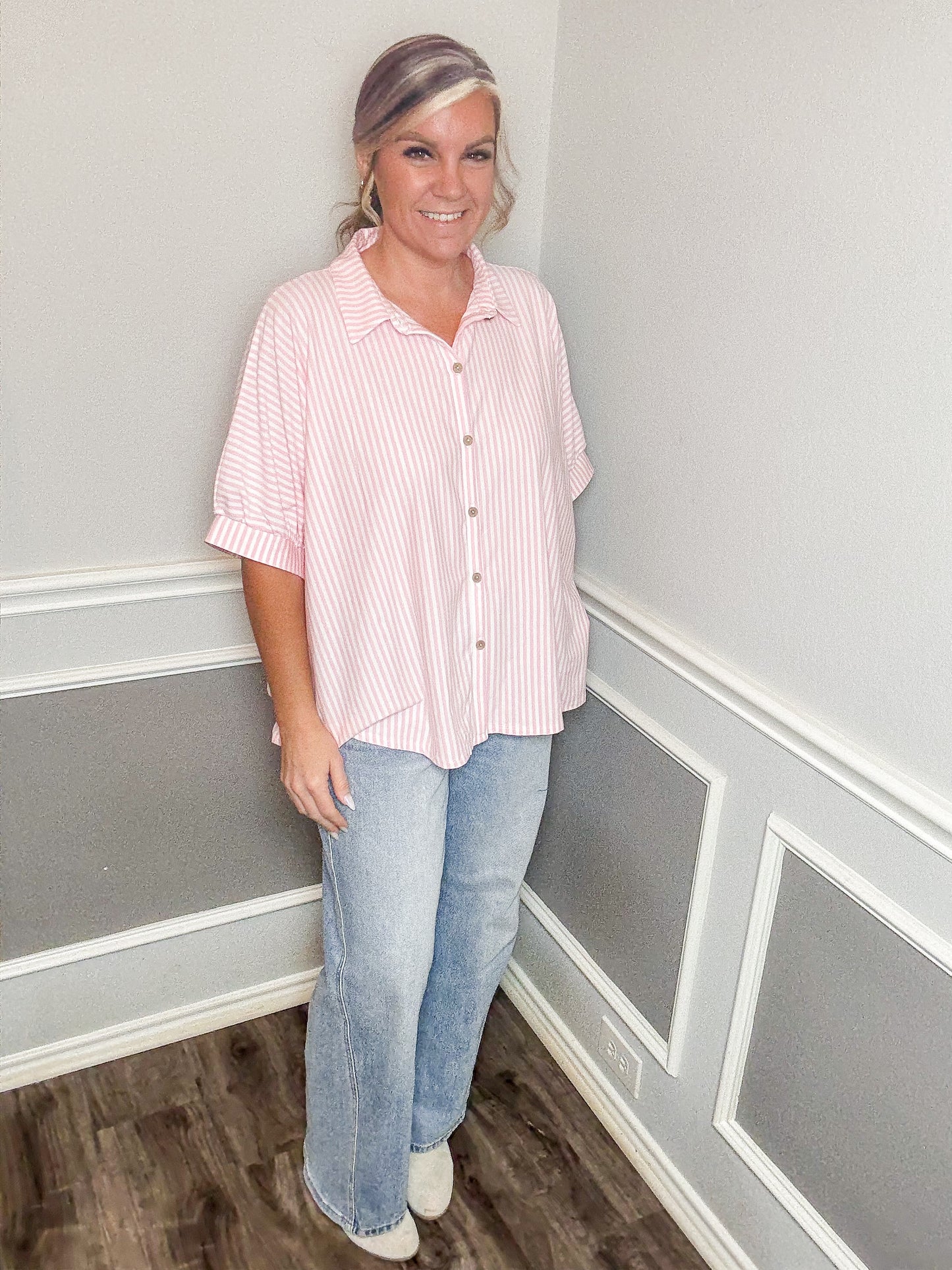 Oversized Striped Short Sleeve Button Up Shirt |PINK|