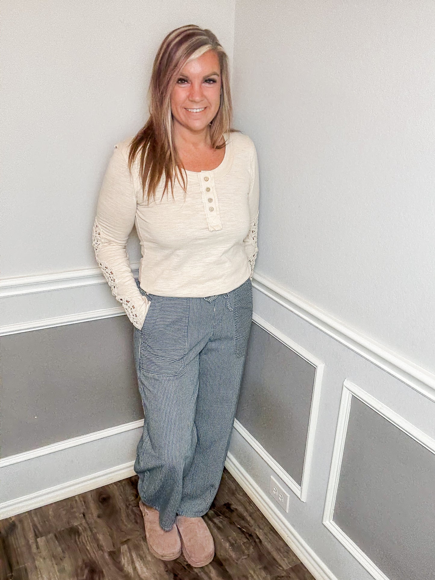 Striped Denim Barrel Pants