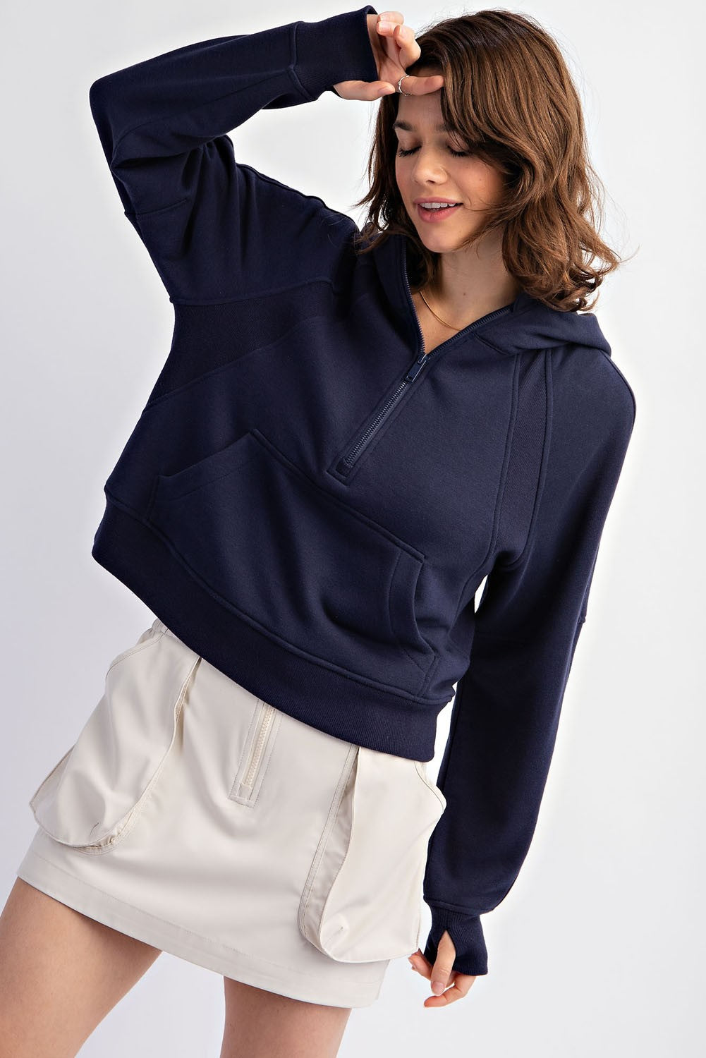 French Terry Cropped Hoodie |Navy|