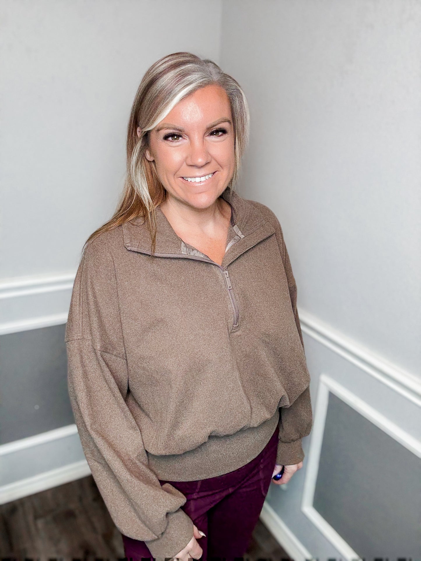 Rib Brushed Quarter Zip Top |Brown|