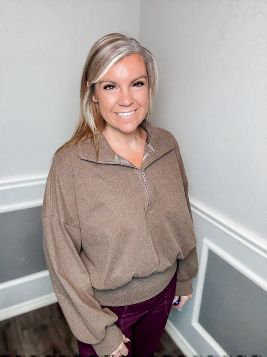 Rib Brushed Quarter Zip Top |Brown|