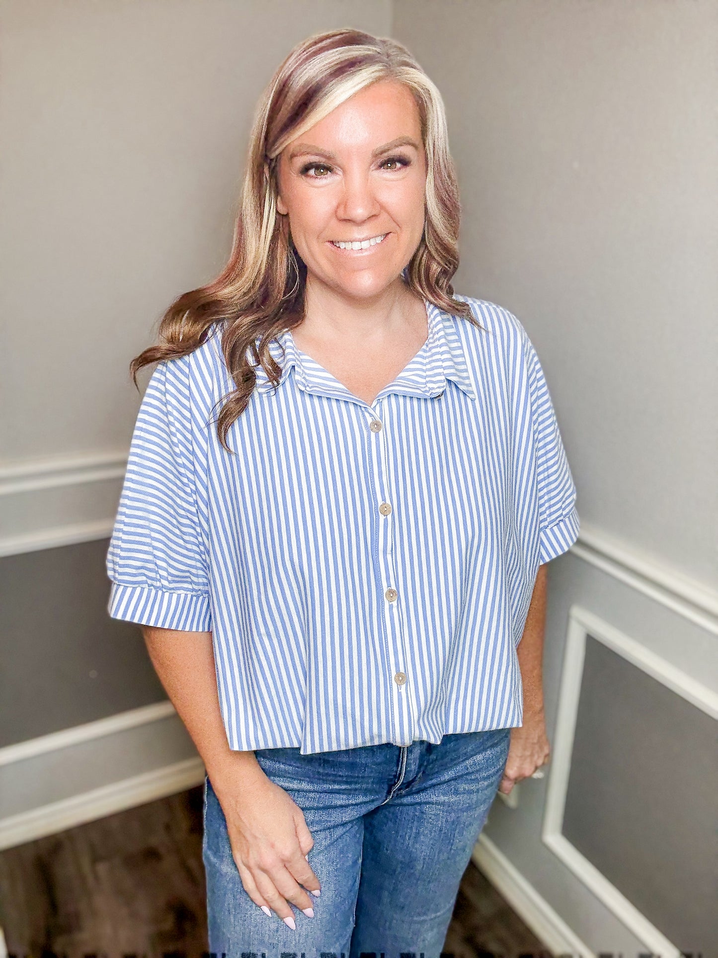 Oversized Striped Short Sleeve Button Up Shirt |BLUE|