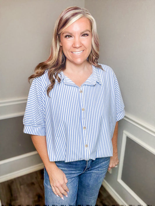 Oversized Striped Short Sleeve Button Up Shirt |BLUE|