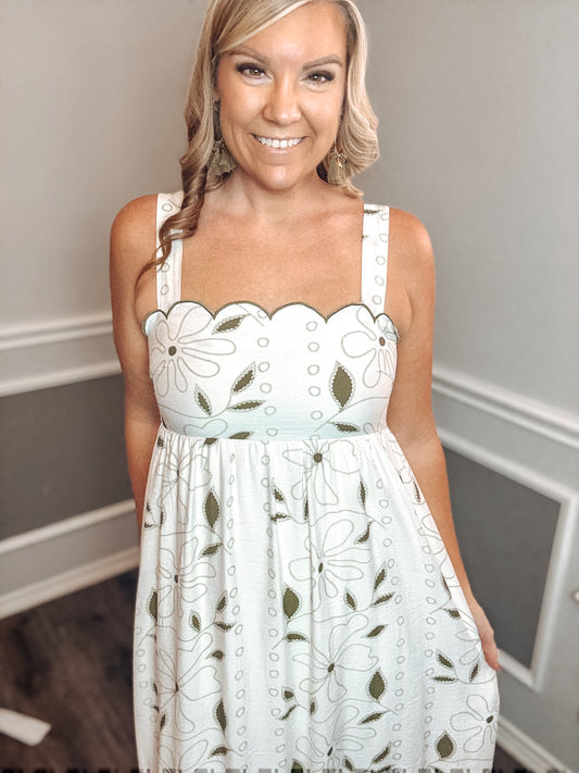 Floral Embroidery Detail Scallop Trim Midi Dress