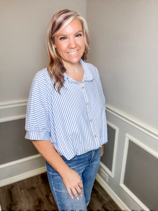 Oversized Striped Short Sleeve Button Up Shirt |BLUE|