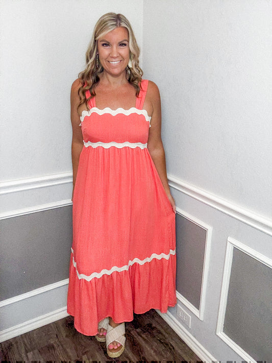 Wavy Trim Empire Waist Midi Dress