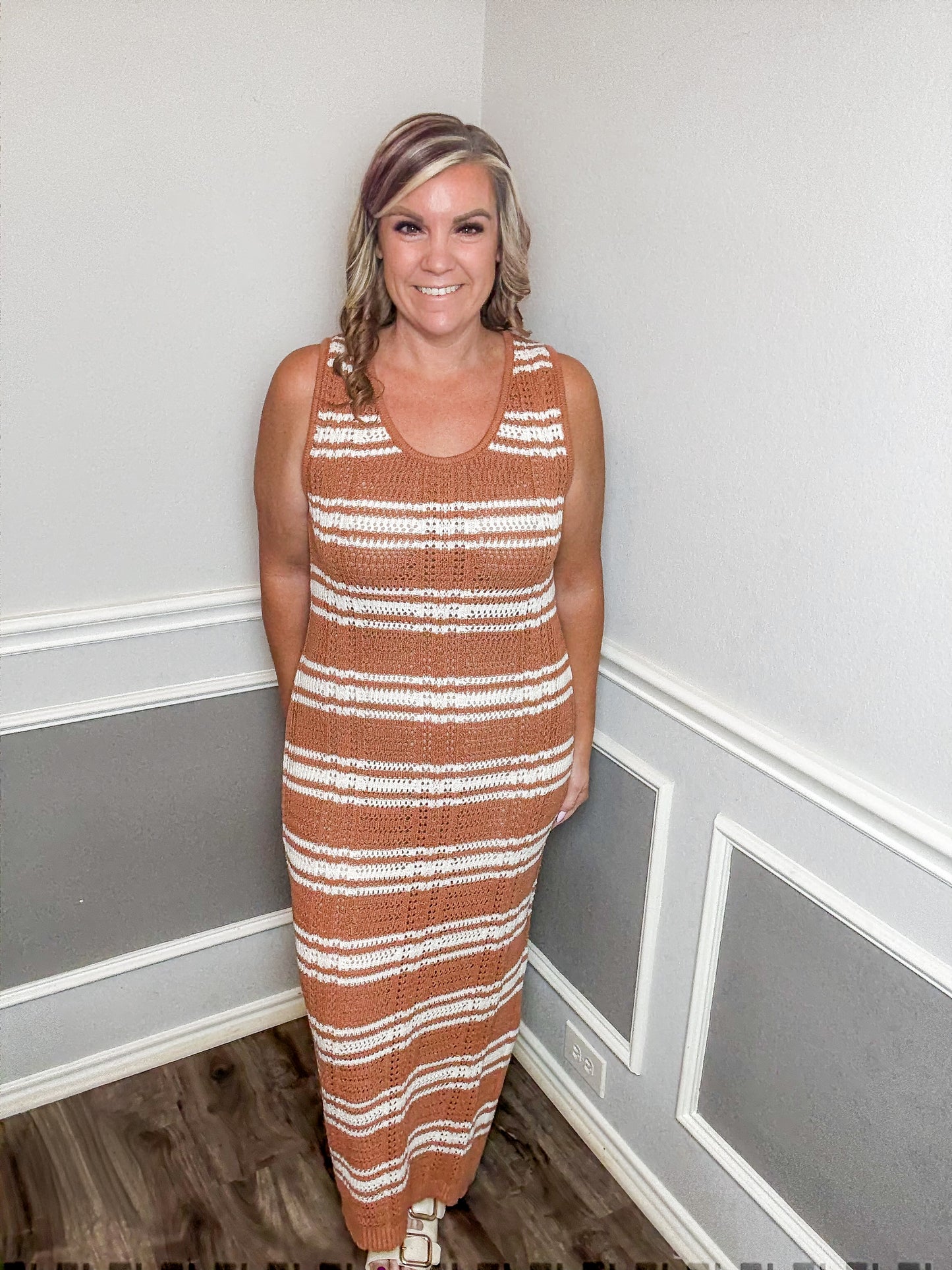 Stripe Knit Casual Sweater Midi Dress