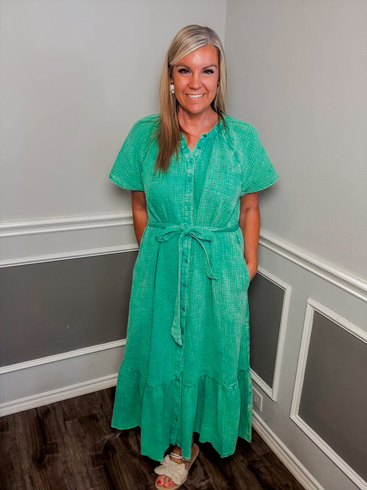 Mineral Wash Midi Dress |GREEN|