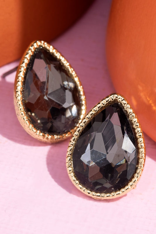 Glass Teardrop Stud Earrings |BLACK|