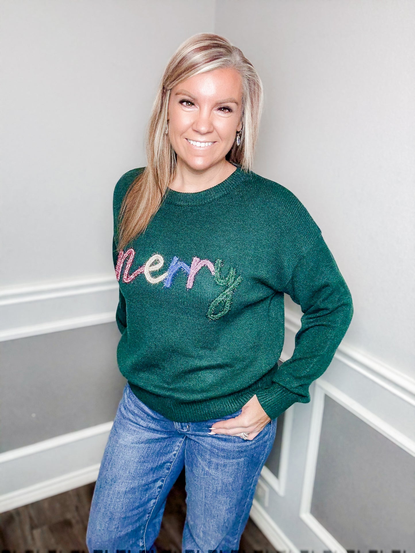 “MERRY” Tinsel Knit Christmas Sweater