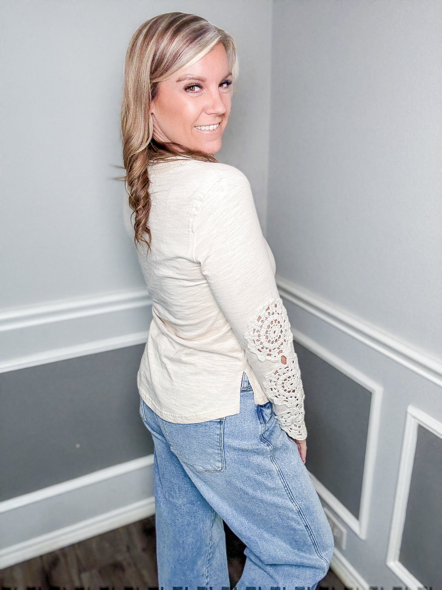 Crochet Sleeve Solid Knit Top