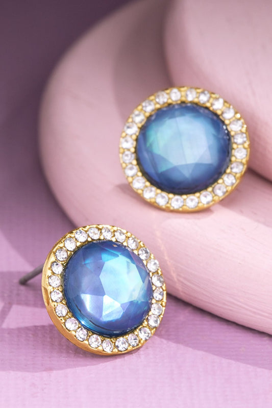 Round Rhinestone Stud Earrings |Blue|