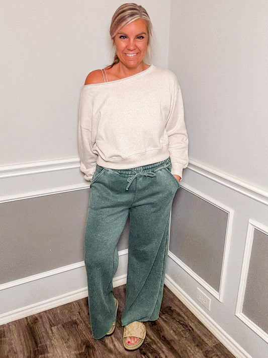 Acid Wash Fleece Palazzo Sweatpants |Dark green|