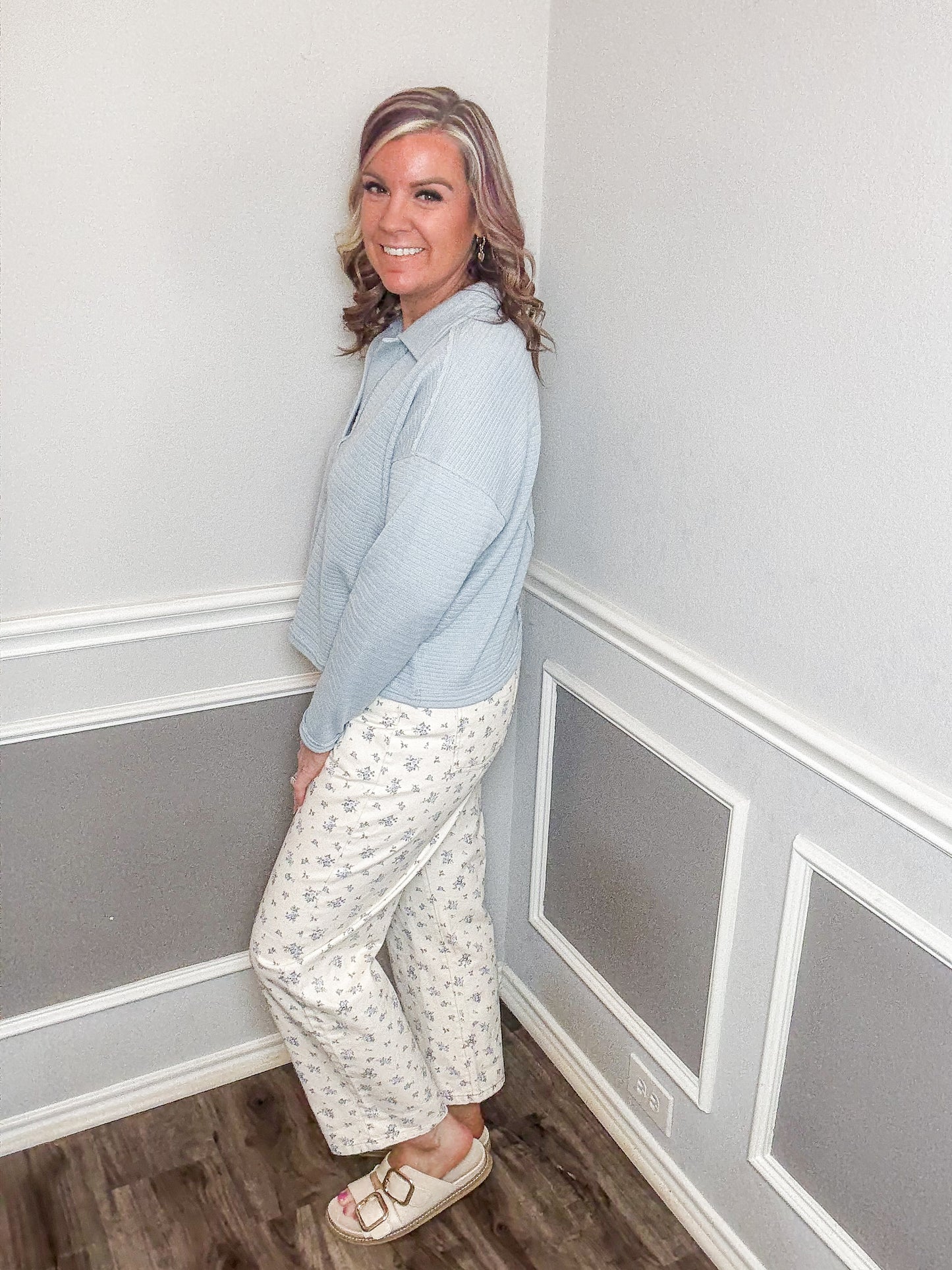 Floral Ecru Denim Straight Leg Jeans