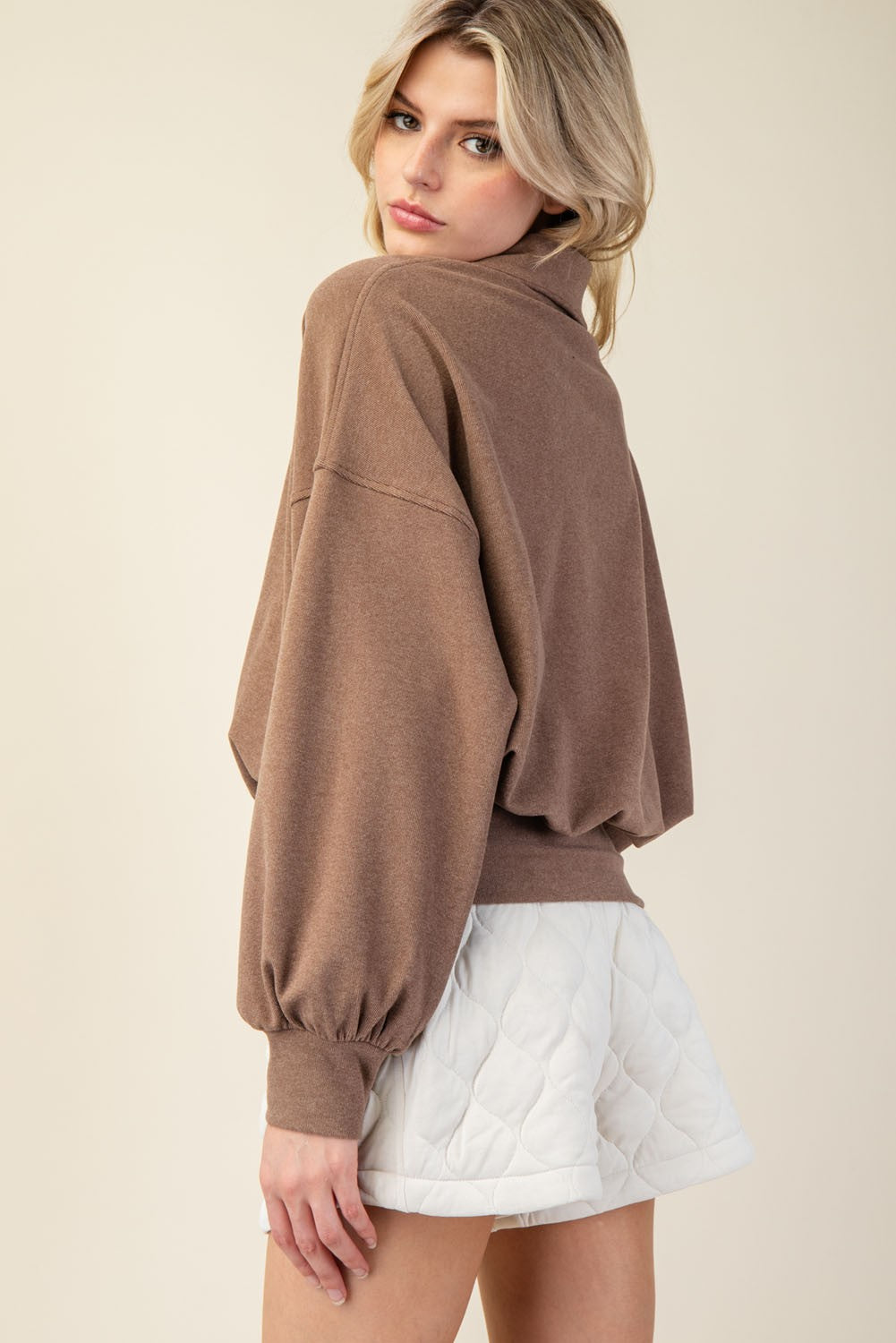 Rib Brushed Quarter Zip Top |Brown|