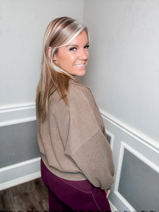 Rib Brushed Quarter Zip Top |Brown|