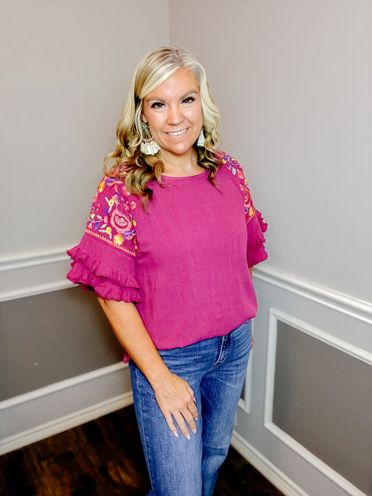 Embroidered Ruffled Linen Top