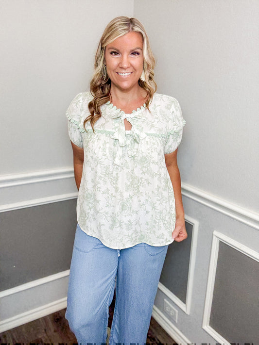 Scallop Trim Front Tie Blouse