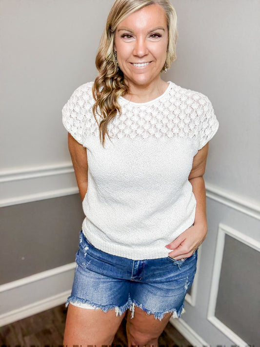 Crochet Detail Sweater Top: Ivory