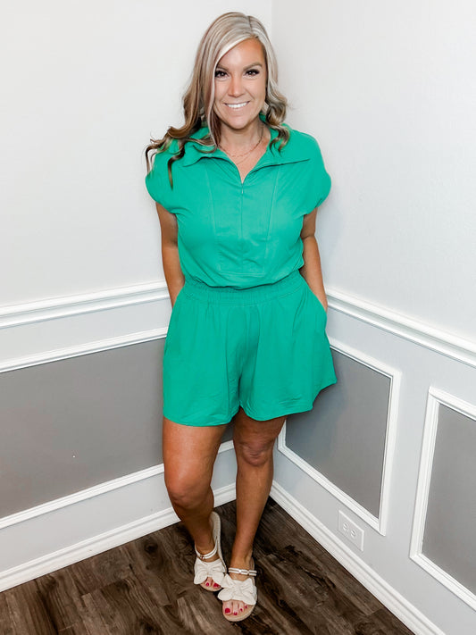 Butter Half Zip Romper |EMERALD|