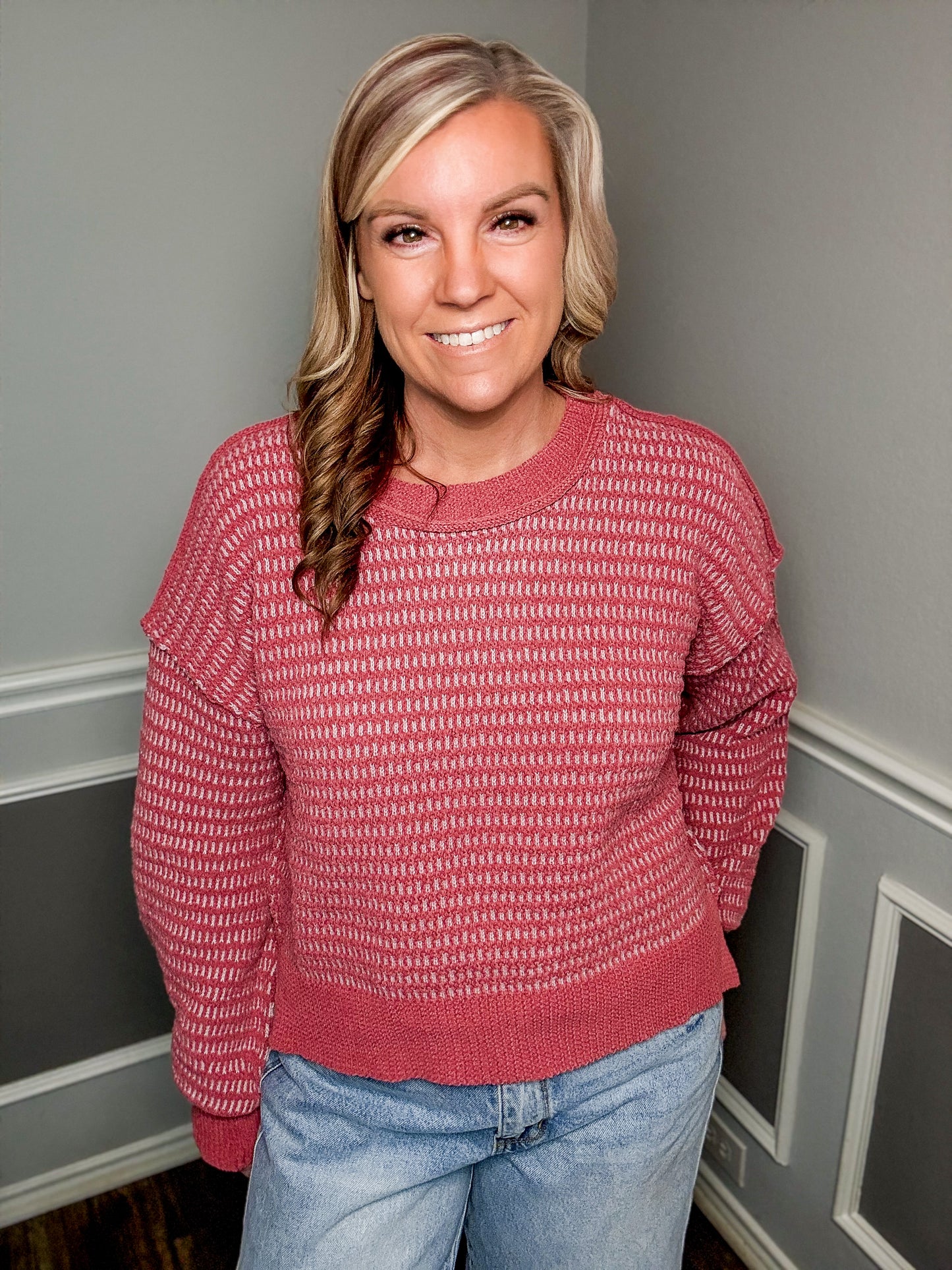 Two Tone Textured Knit Casual Sweater Top